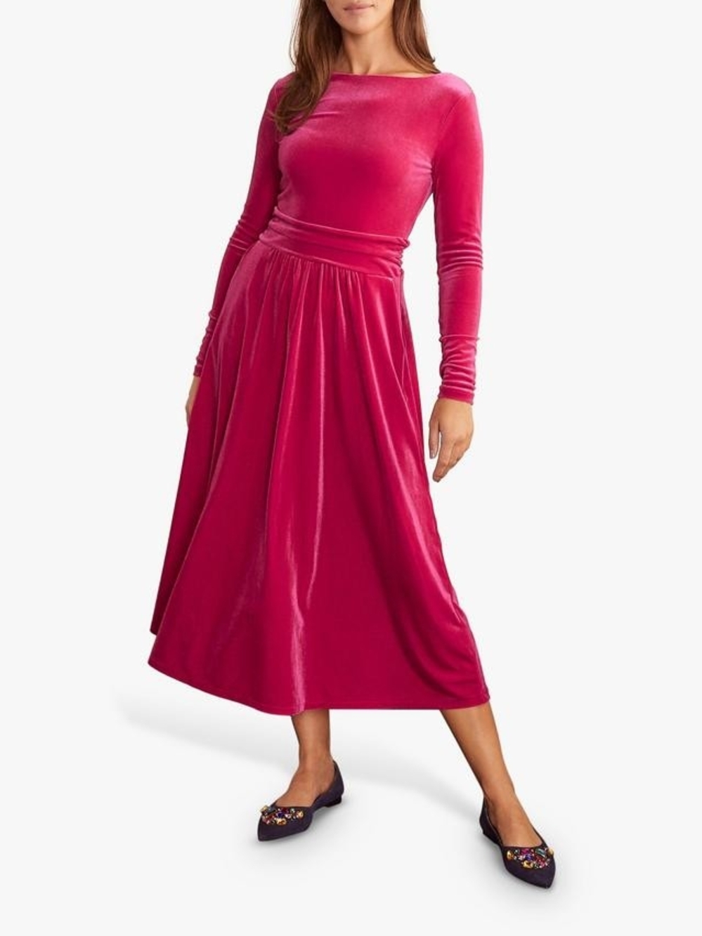Boden Lois Velvet Midi Dress Pink Flambe – UK 10 / US 6